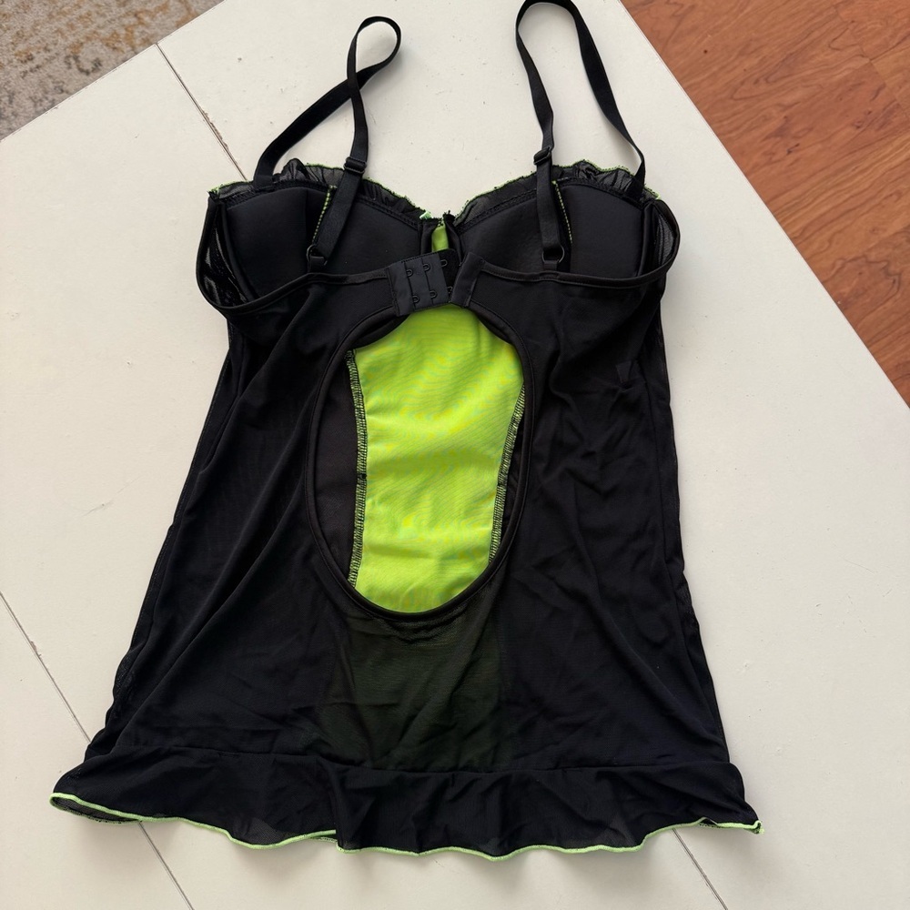 Cyber Glam Neon Lime Green Black Mesh Chemise Open Back Ruffle Festival Corset - Picture 5 of 9